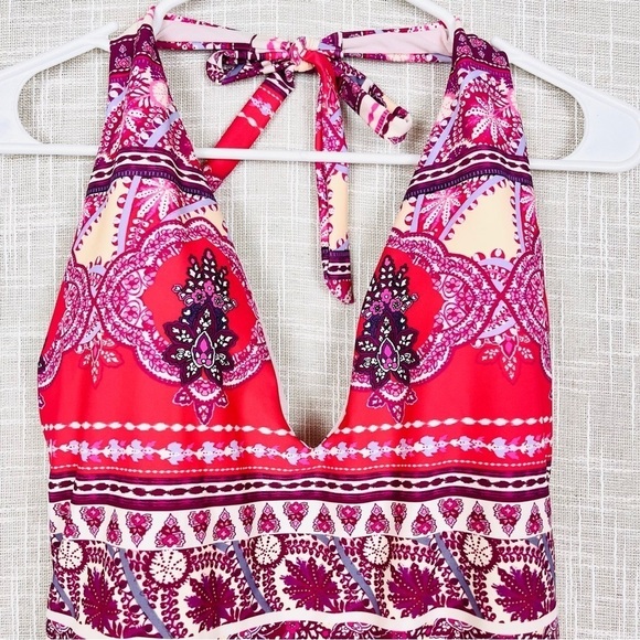 NWT Nanette Lepore Poppy Red & Purple Print Plunge Halter One-Piece Swimsuit - Picture 5 of 7